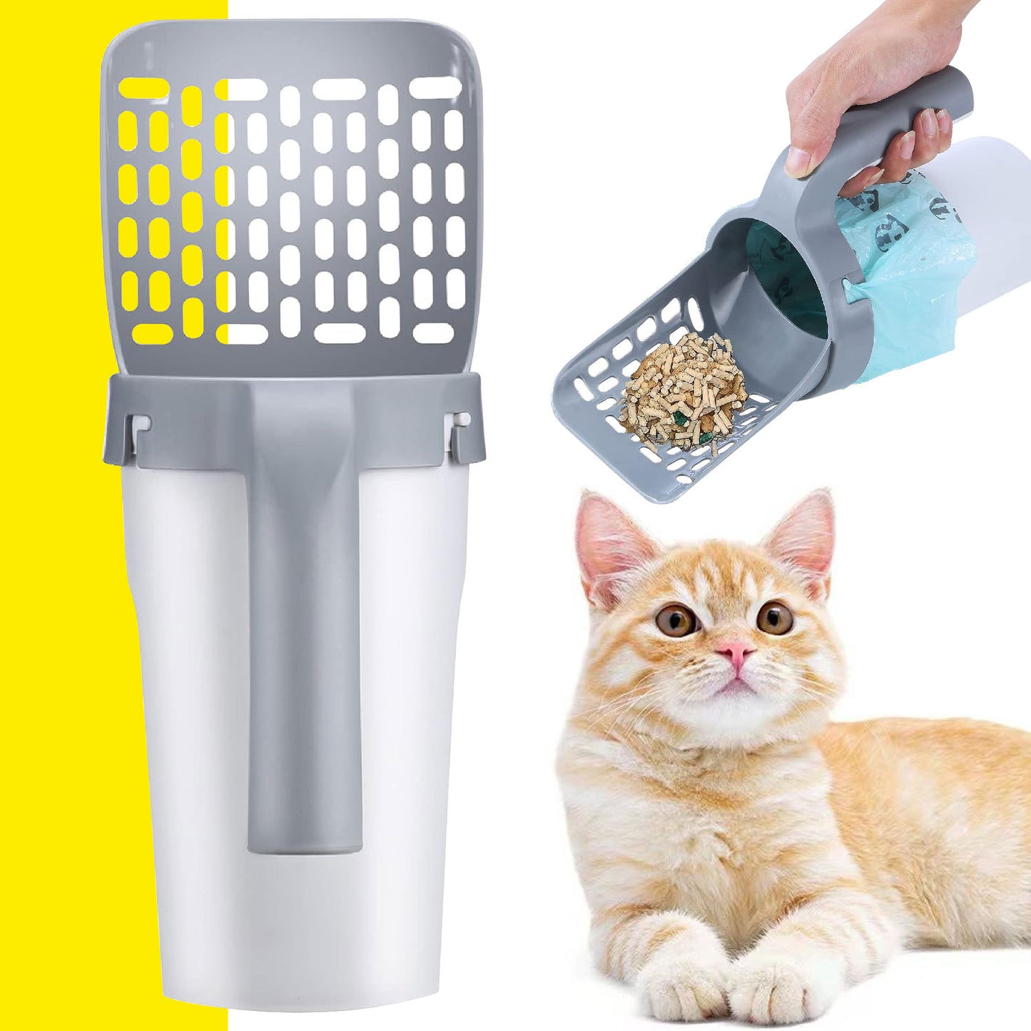 Pala Recogedora para Arenero de Gato 2 en 1 con Dispensador de Bolsas