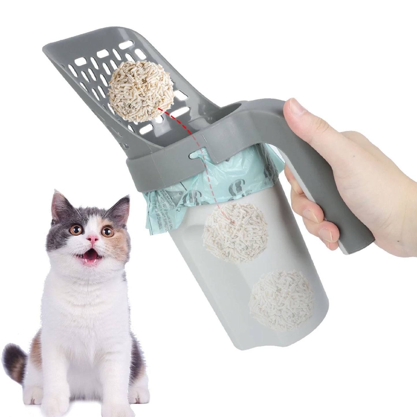 Pala Recogedora para Arenero de Gato 2 en 1 con Dispensador de Bolsas